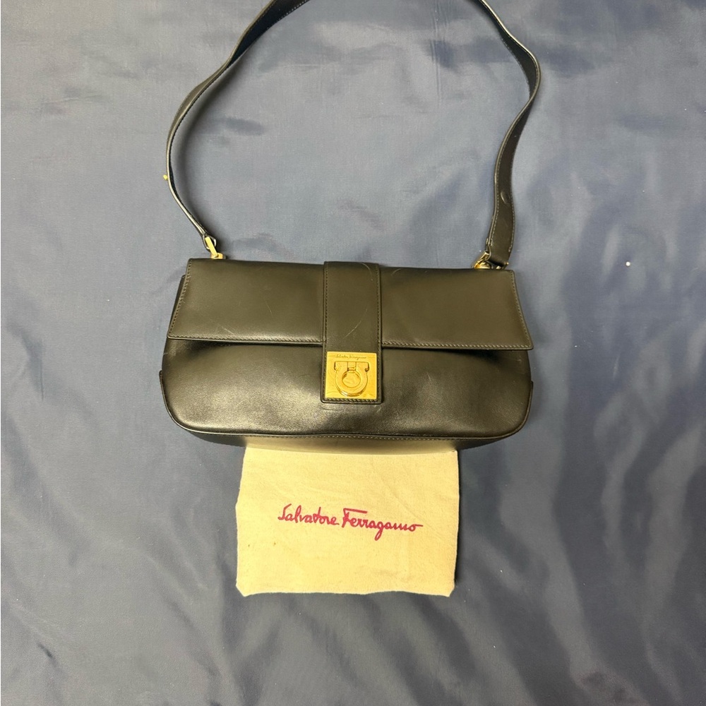Salvatore Ferragamo Black Leather Gancini Shoulder Bag w/ Dust Bag